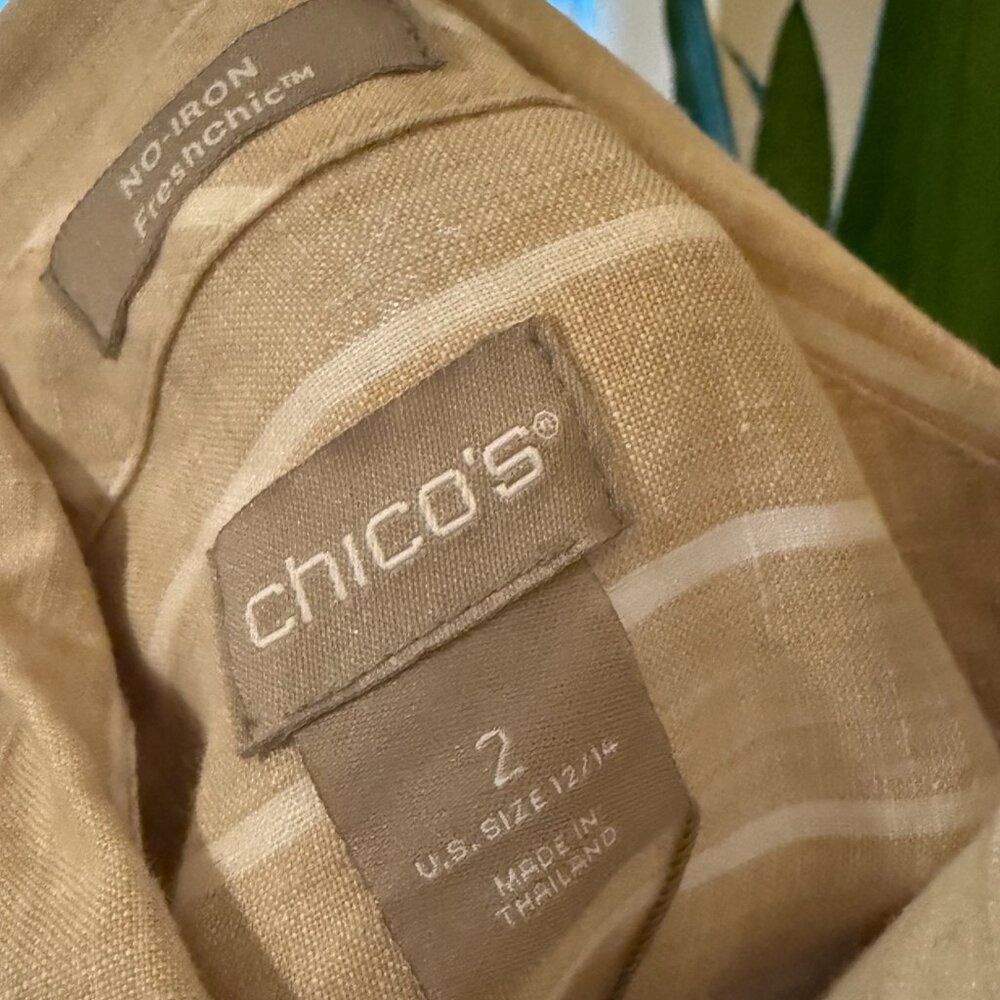 Chicos No Iron Fresh Chic Linen Button Up Top Beige/White Striped | Size 2 - Picture 6 of 8